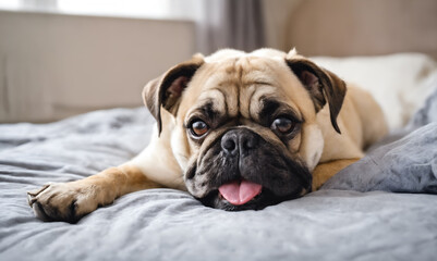 Dog lying in bed, taking nap. Home pets. Domestic animals.