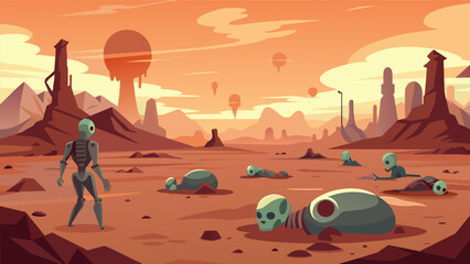 Naklejka premium A barren landscape littered with abandoned bodies the remnants of failed experiments in perfecting the transhuman form..
