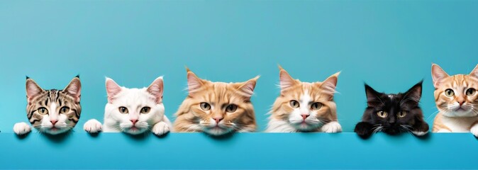 Obraz premium Dogs and Cats, peeking over the clear solid top line, petshop banner, happy, smile, funny.