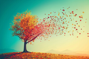 Leaves are flying off a tree, yellow and red leaves are falling from a lone tree