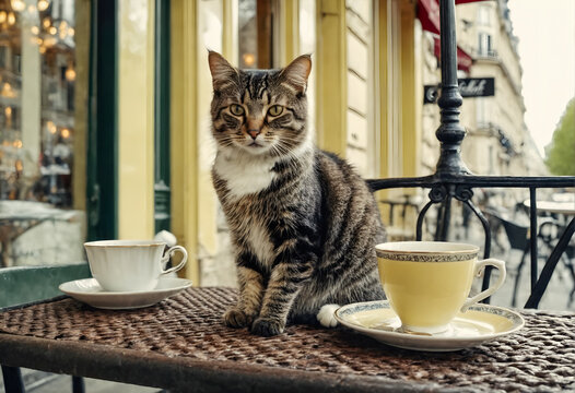 Cute cat sitting at table with served coffee cup. Animal friendly restaurants