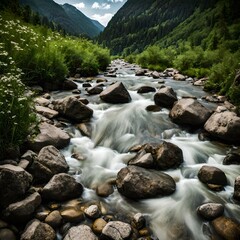 A wonderful landscape photo of water flowing down a valley on a summer mountain.