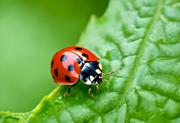 Obraz premium Ladybird on green leaf