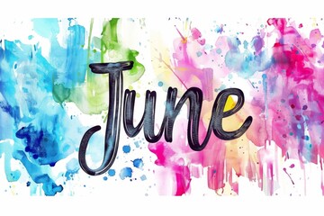 Watercolor text "June" on water color background, watercolour illustration with ink outlines and ink splashes Generative AI
