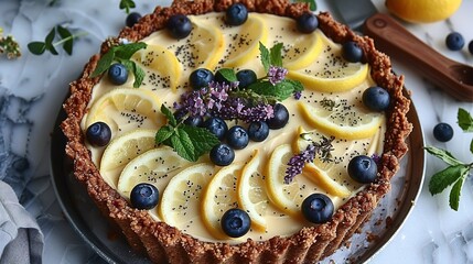   A pie featuring lemons, blueberries, and mint on a plate, alongside a knife and lemon wedges