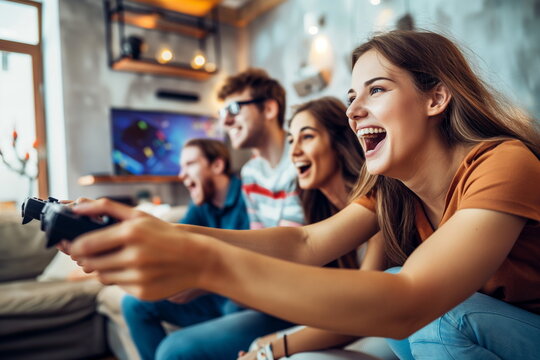 Group of young friends excitedly playing video games together in a vibrant living room