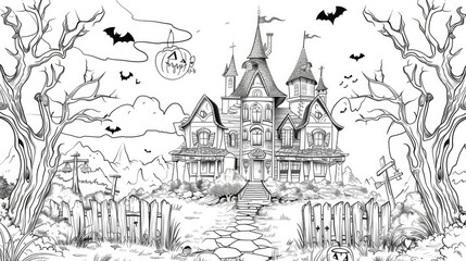 Spooky haunted mansion and mystic fairytale house: Halloween-themed vector coloring page for children - fantasy black and white contour illustration