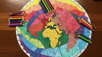 drawing world map, with colorful pencil background with paper on table