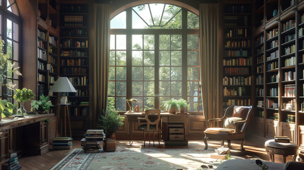 A tranquil study with built-in bookshelves, a cozy reading nook, and a vintage desk bathed in natural light.