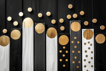 Abstract art with golden circles on a textured black and white background, ideal for modern...