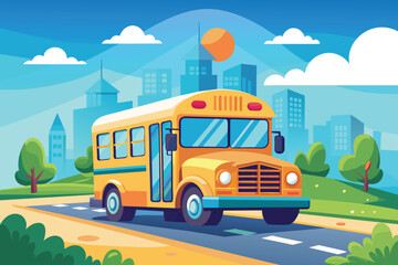 Yellow School Bus Driving on Road with Cityscape Background Illustration