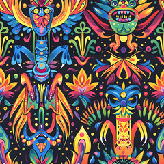 Fototapeta premium Mexican Alebrijegy Colorful Traditional Art Repeating Tile