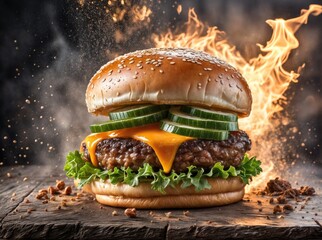 a flavourful smashed steak burger in flames