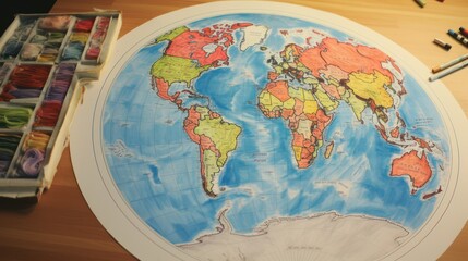 drawing world map, with colorful pencil background with paper on table