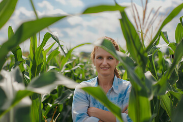 Female farmer in the field checking corn plants during a sunny summer day