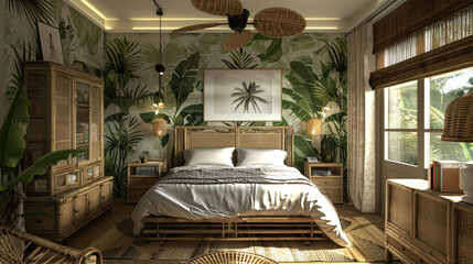 A tropical-themed bedroom with palm leaf wallpaper, bamboo furniture, and a ceiling fan.