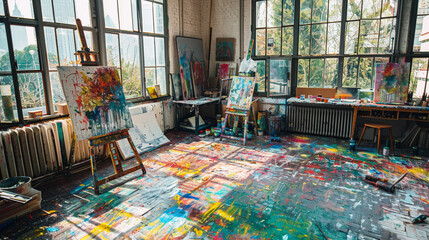 A vibrant art studio with splattered paint floors, floor-to-ceiling windows, and easels scattered with works in progress.