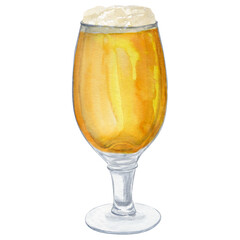 Hand-drawn shaped glass with beer and foam, beer festival, watercolor illustration. Watercolor international beer day. Composition for poster, card, banner, flyer, cover, playbill and other print