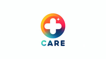 Obraz premium Eye-catching, modern health care logo featuring a colorful cross symbol with the word care set against a clean, white background, symbolizing medical and wellness services