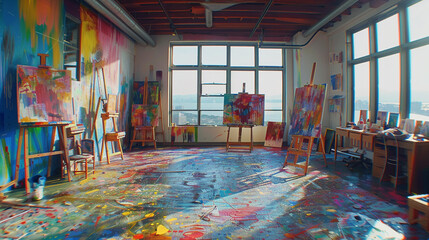 A vibrant art studio with splattered paint floors, floor-to-ceiling windows, and easels scattered with works in progress.