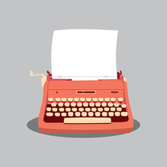Vector illustration of a beautiful vintage typewriter. Cartoon scene of a light red typewriter equipped with a set of keys with a white sheet of paper isolated on a gray background.
