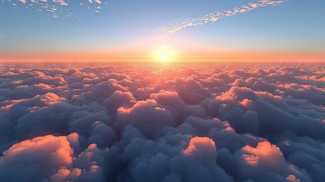   The sun is setting over the clouds as viewed from a high point on the horizon