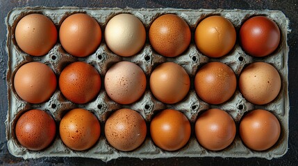   A carton contains a dozen eggs, with two brown ones at the center
