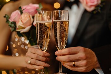 Close-up of a couple's hands holding champagne flutes in a toast, surrounded by soft pink roses