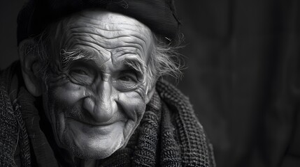 Classic monochrome portrait of an old man smiling.