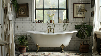 A vintage-inspired bathroom with a clawfoot tub, subway tile walls, and brass fixtures.