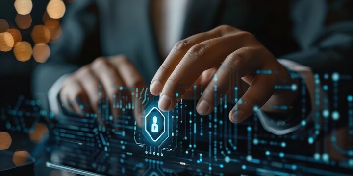 Man in business suit configuring encryption settings for data security, digital interface, office, close-up