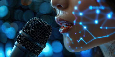 Business professional dictating notes to a voice assistant, close-up on mouth and mic, clear digital image