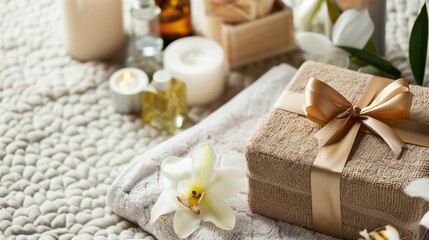 Obraz na płótnie Canvas Luxury Spa: A beautifully arranged spa accompanied by spa essentials like candles and aromatherapy oils