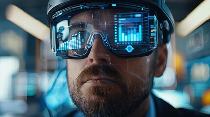 Businessman immersed in a VR training module, focused expression, virtual graphs floating, close-up, office scene