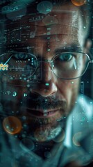 Fototapeta premium Businessman in a modern office performing predictive maintenance via a virtual interface, close-up, clear details
