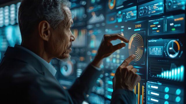 Businessman engaging with real-time ML analysis for market trends, interactive digital screen, office, close-up
