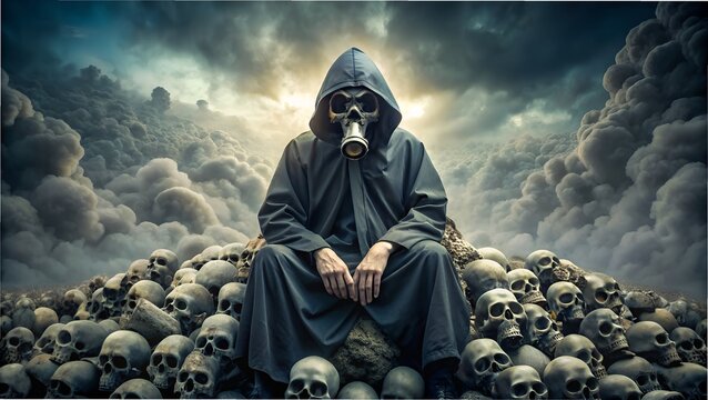 grim reaper in gas mask sitting on a pile of human