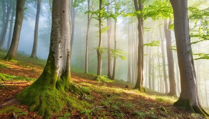 natural sunny forest of beech trees with morning fog