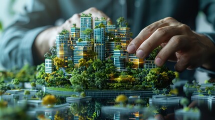 Obraz premium Businessman with eco-friendly building model on screen, office setting, digital close-up, focus on hand and screen