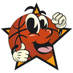Basketball cartoon mascot out from of a star with thumbs up, illustration character vector clip art work of hand drawn