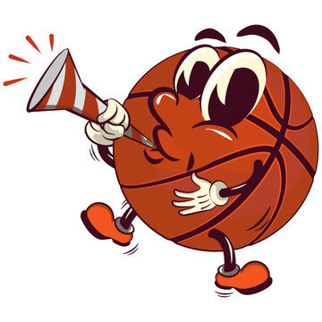 recommend clip art: Basketball cartoon mascot blowing party trumpet, illustration character vector clip art work of hand drawn