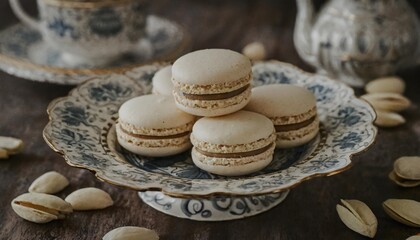 elegantly arranged almond macarons on an ornate porcelain plate almond flavored macarons on vintage porcelain