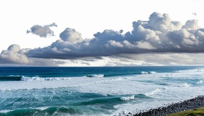 the ocean with stormy clouds and churning waves isolated on white and transparent background