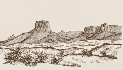 mountain desert texas background landscape engraving gravure style wild west western adventure explore inspirational vibe graphic art sketch drawn vector