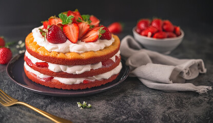 A tantalizing strawberry shortcake, layered with cream and fresh strawberries, ready to be savored. Set against a dark backdrop - obrazy, fototapety, plakaty