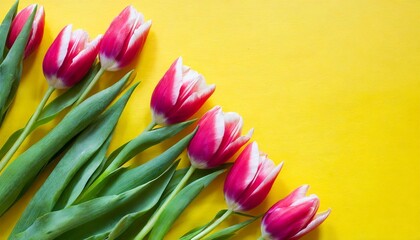 summer background of tulip flowers on a yellow background