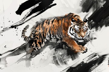 Obraz premium A tiger is running through the brush with its head down. The brush strokes and splatters of paint create a sense of movement and energy