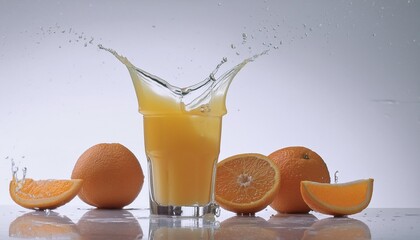 glass with splashing of orange juice and falling orange slices on table at white background healthy refreshing drink liquid motion front view