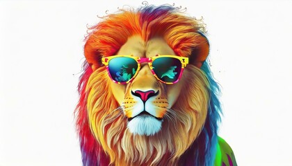 cartoon colorful lion with sunglasses on white background