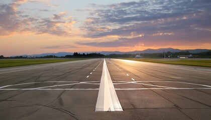 the empty runway at the airport lights up as the sun sets generative ai